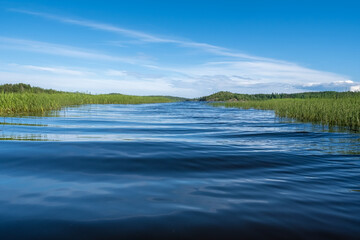 Beautiful landscape. Lake with green vegetation against a blue sky with clouds and small waves on the water.