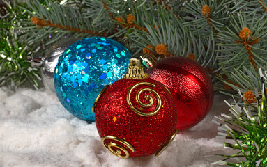 Image of beautiful Christmas decorations. Festive Christmas card.