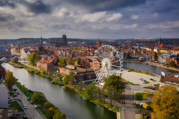 Aerial view of the Gdansk city at the Motlawa river with amazing architecture,  Poland