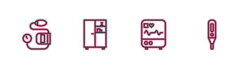 Set line Blood pressure, Monitor with cardiogram, Medicine cabinet and Medical digital thermometer icon. Vector.