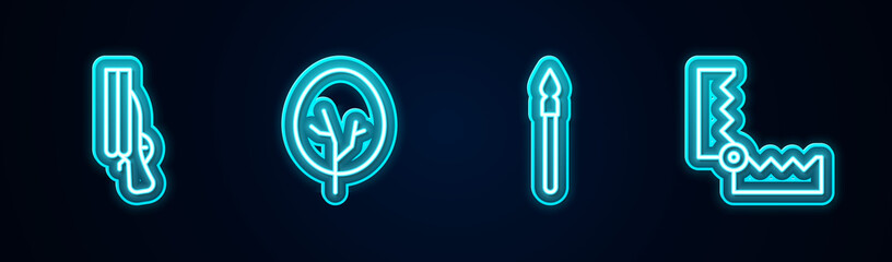 Set line Shotgun, Tree, Medieval spear and Trap hunting. Glowing neon icon. Vector.
