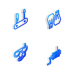 Set Isometric line Rubber flippers for swimming, Swiss army knife, Diving mask and snorkel and Spinning reel fishing icon. Vector.