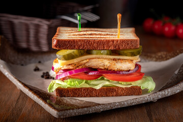 Large sandwich with grilled chicken breast, cucumbers, tomatoes and toasted bread
