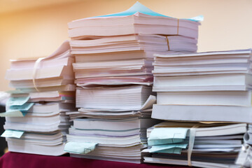 Pile of bunch education documents or books report teacher after approve and checking from admistrator, Annual Reports document for evaluation in student study in university office