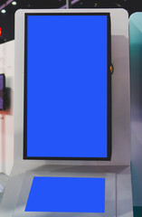 LED flat smart TV presentation at event convention exhibit trade show and booth in conference hall,...