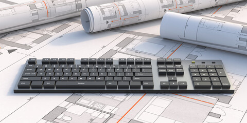 Computer keyboard on blueprint plans background. 3d illustration
