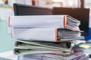 Documents Binder Paper with blank label, Files folder on office desk, Annual Report document for...