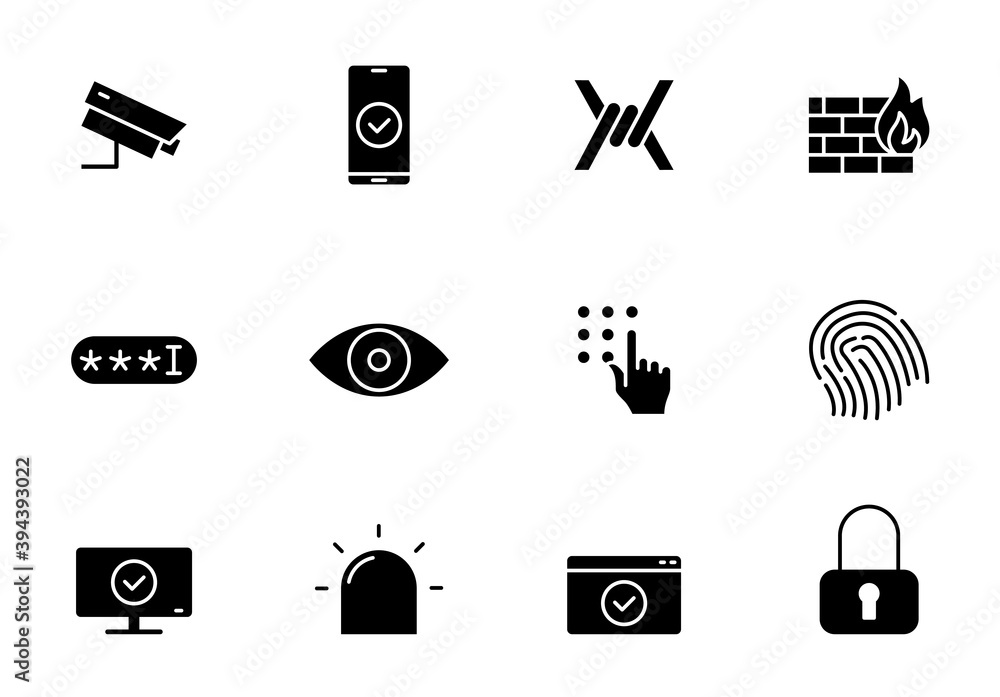 Poster security silhouette vector icons isolated on white. security icon set for web, mobile apps, ui desig