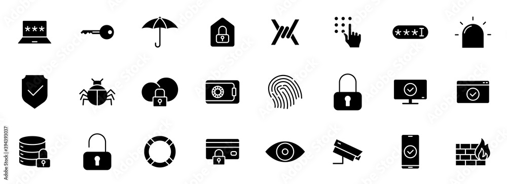 Poster security silhouette vector icons isolated on white. security icon set for web, mobile apps, ui desig