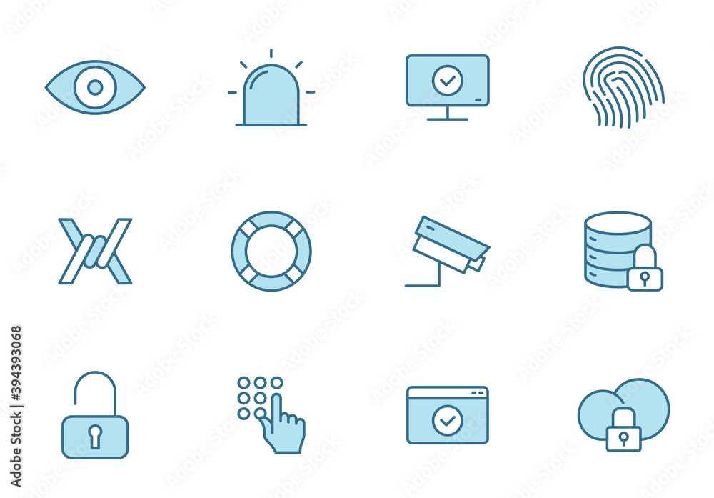 Poster security linear vector icons in two colors isolated on white background. security blue icon set for 
