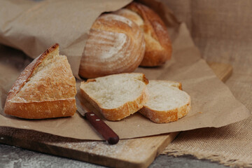 Fresh homemade crisp bread, soft focus. French bread. Bread at leaven. Unleavened bread.