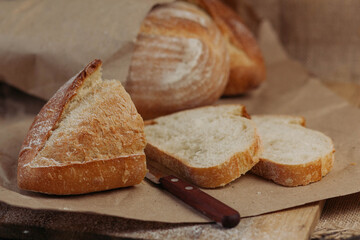 Fresh homemade crisp bread, soft focus. French bread. Bread at leaven. Unleavened bread.