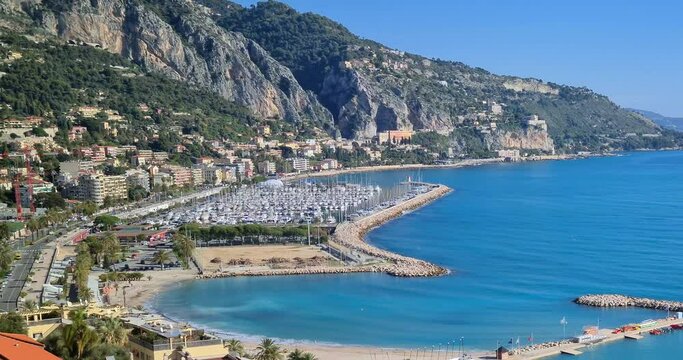Beautiful Aerial View Of The Seafront, Beaches, Palm Trees And Ports In Menton On The French Riviera, France, Europe - DCi 4K Resolution
