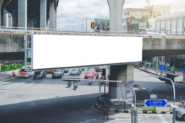 long led blank billboard white screen hang on high way road in city. ad mockup copy space for...