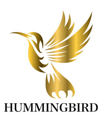 Golden Vector illustration on a white background of flying hummingbird. Suitable for making logos.	