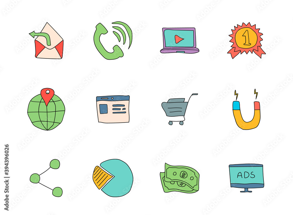 Poster marketing hand drawn linear vector icons isolated on white background. marketing doodle icon set for