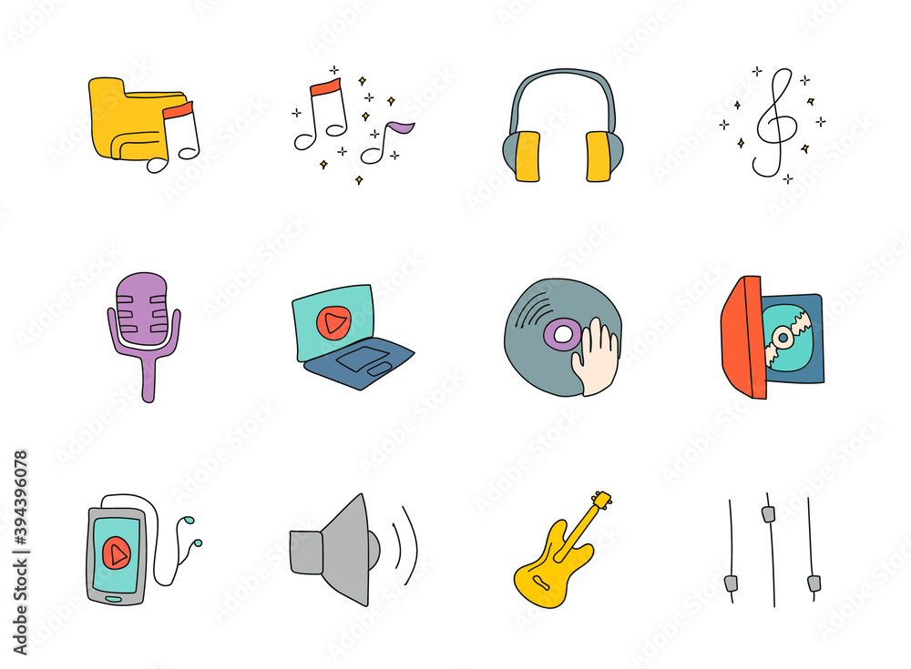 Poster music hand drawn linear vector icons isolated on white background. music doodle icon set for web and