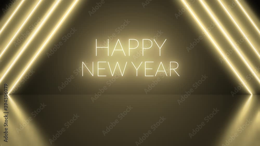 Poster neon background abstract gold color happy new year with light shapes triangular on golden and reflec