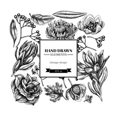 Square floral design with black and white viburnum, hypericum, tulip, aster, leucadendron, amaryllis