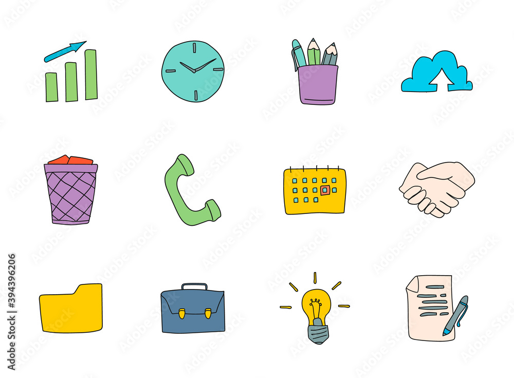 Poster office doodles isolated on white. office icon set for web design, user interface, mobile apps and pr