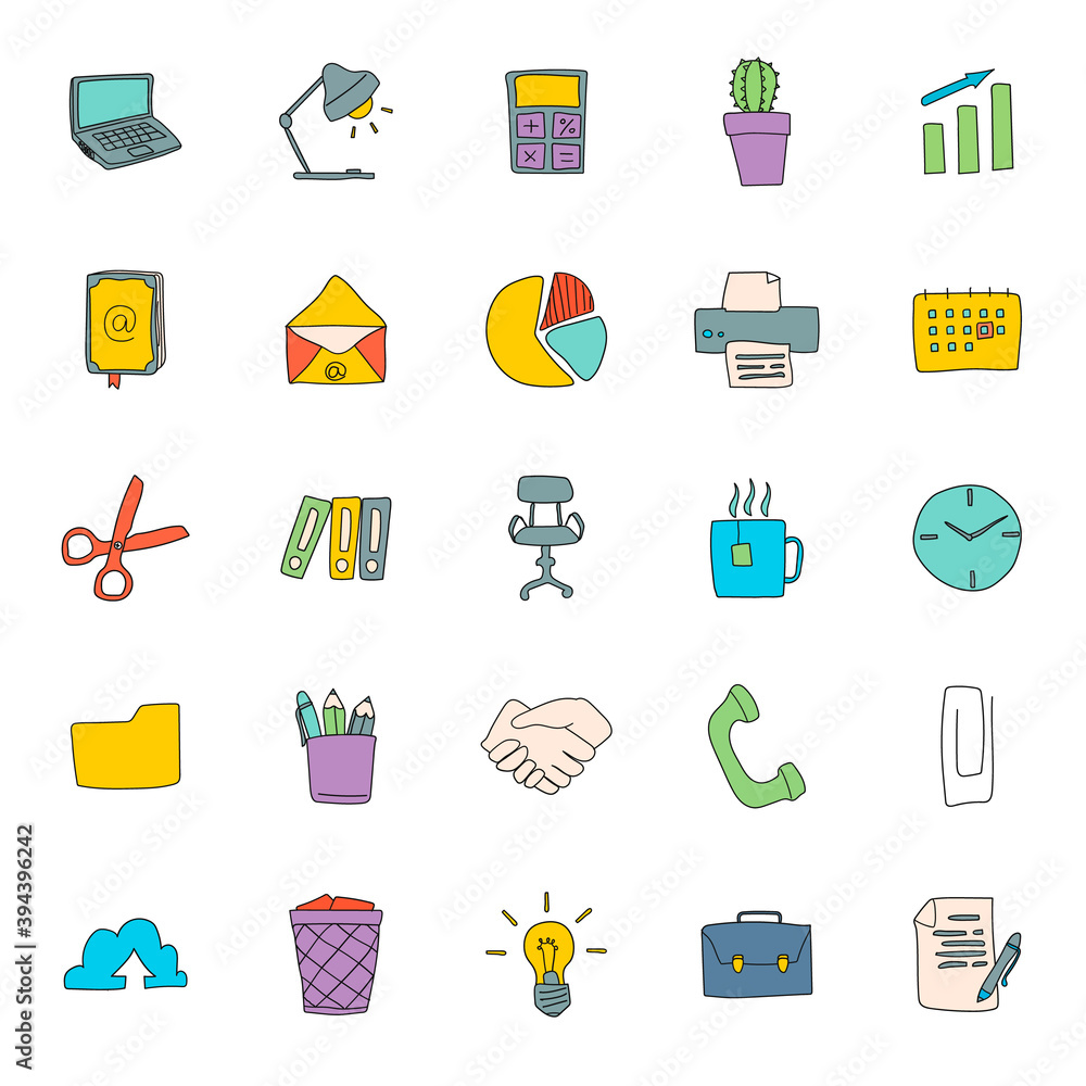 Poster office hand drawn linear doodles isolated on white background. office icon set for web and ui design