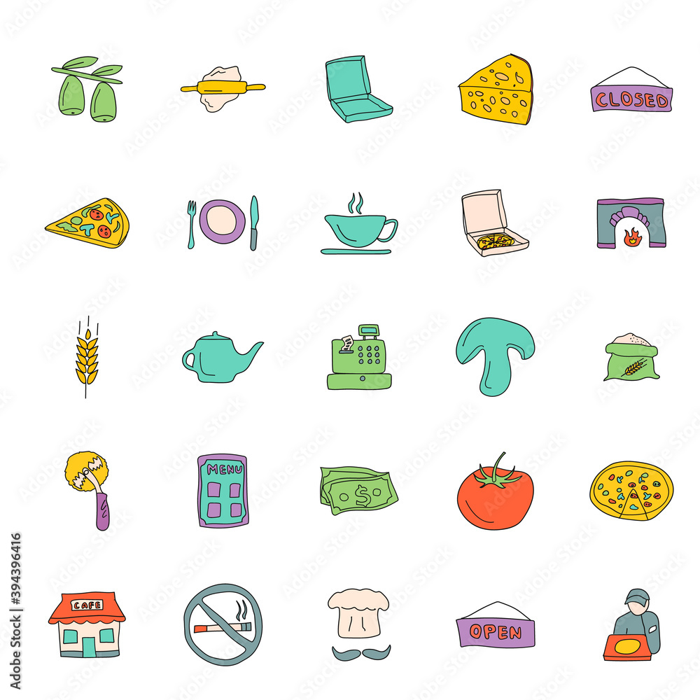 Poster pizzeria hand drawn linear doodles isolated on white background. pizzeria icon set for web and ui de