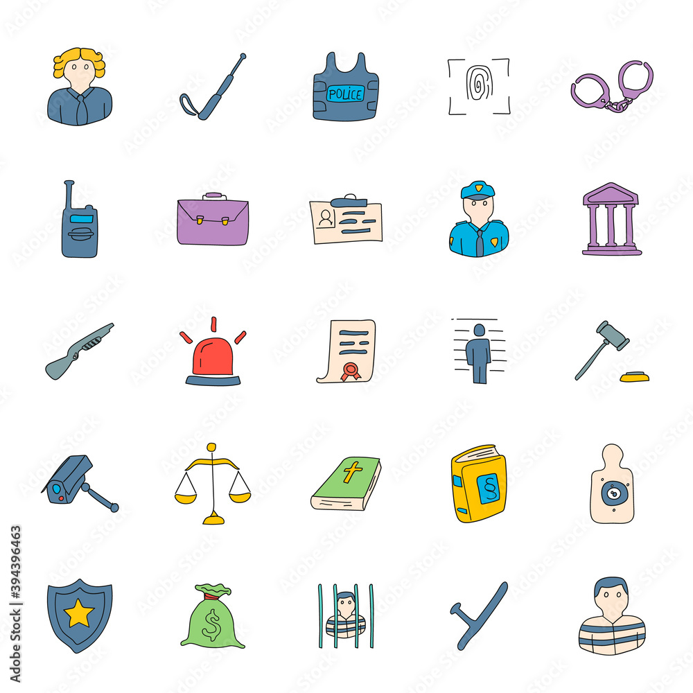 Poster police hand drawn linear doodles isolated on white background. police icon set for web and ui design