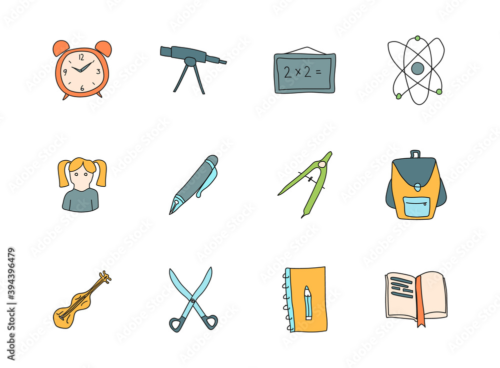 Poster school hand drawn linear vector icons isolated on white background.school doodle icon set for web an