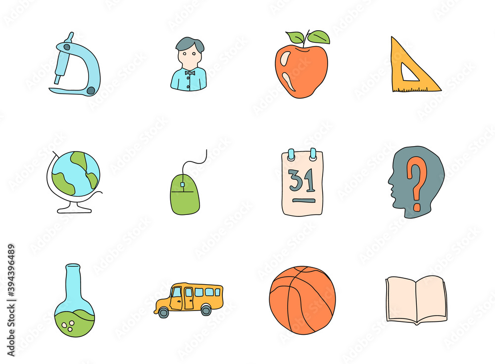 Poster school doodles isolated on white. school icon set for web design, user interface, mobile apps and pr