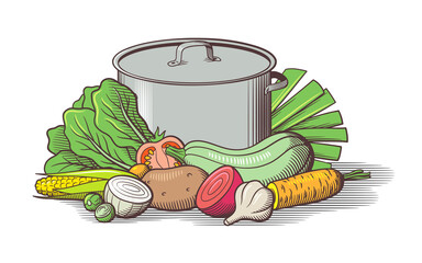 Big metallic pot and pile of fresh metallic pot. Lettuce, squash, leek, tomato, potato, garlic, beets, Brussels sprouts, onion and carrot. Stylized vector illustration, isolated on white