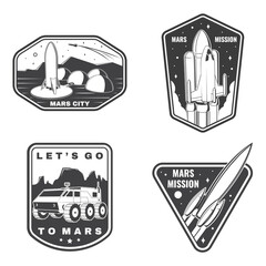 Set of space mission logo, badge, patch. Vector Concept for shirt, print, stamp. Vintage typography design with space rocket, mars rover and city on mars silhouette © sivvector