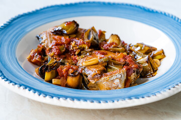 Bonito Fish Pieces with Tomato Sauce and Leek in Plate Baked in Oven / Fish Casserole.