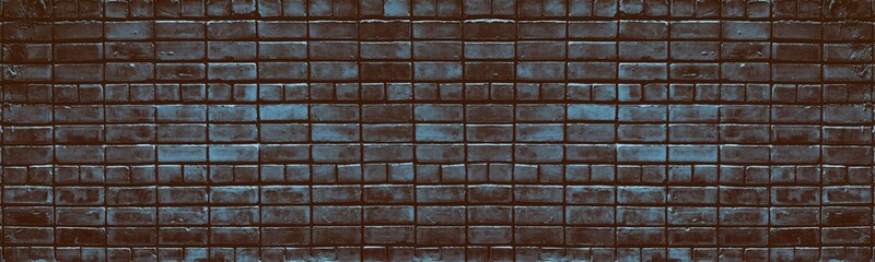 Dark blue brick wall wide texture. Rough brickwork masonry. Gloomy grunge widescreen background