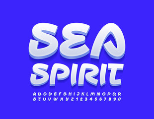 Vector creative emblem Sea Spirit. Modern white Font. Artistic 3D Alphabet Letters and Numbers set