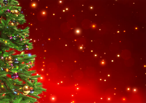 Decorated christmas tree on red bokeh background. 3D illustration