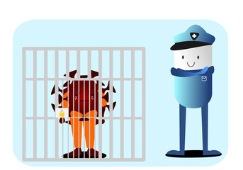 Cartoon character Coronavirus Concept, Capsule Can catch virus Caged . The invention of drugs and vaccines for preventing viruses was achieved. Vector and illustration