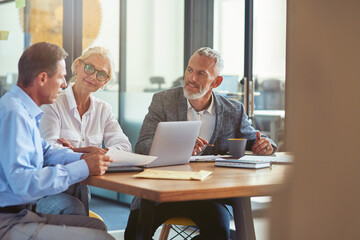Three mature colleagues sitting in the modern office and discussing business strategy, business people working together