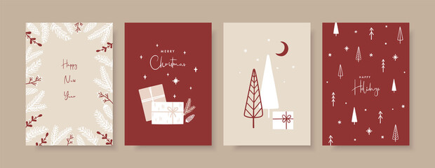 Set of hand drawn Christmas greeting cards in scandinavian style. Trendy templates with fir trees, snowflakes, gift box and fir branches. New Year vector posters set. - 394399423
