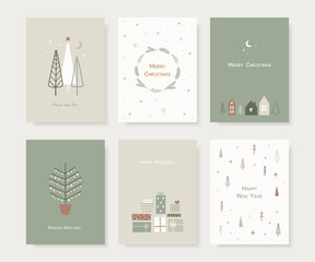 Set of hand drawn Christmas greeting cards. Trendy hand drawn christmas trees, snowflakes, gift box and cute houses in scandinavian style. Vector illustration. - 394399459