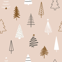 Seamless pattern with abstract hand drawn Christmas trees in scandinavian style. Creative hand drawn textures for wallpaper, pattern fills, web page background, wrapping paper.