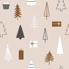 Christmas season vector seamless pattern with fir trees and gift boxes. Hand drawn texture for wallpaper, pattern fills, web page background, wrapping paper. - 394399476
