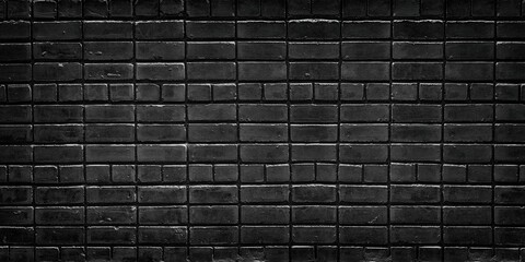 Black brick wall widescreen texture. Dark brickwork abstract background