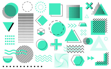 Set of geometric shapes.Memphis design, retro elements for web, vintage, advertisement, commercial banner, poster, leaflet, billboard, sale.Vector geometric shapes.