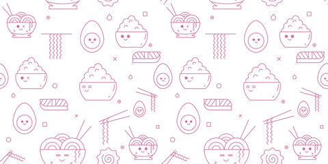 Pink iconic seamless pattern with typical Japanese cuisine. Ramen, sushi salmon. Pastel beige background. Kawai, line art. Rice bowl. Noodle soup.