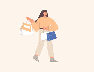 Happy Young woman with shopping bag, joyful shopaholic person. Cartoon vector illustration