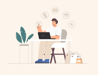Young man sitting at table with a laptop and shopping online, around icon: discount, sale, card for payment, next to shopping bags. Flat vector cartoon illustration.