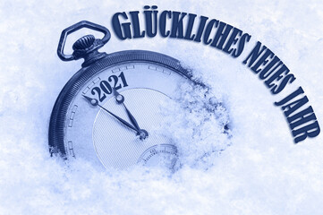 2021 New Year card, Happy New Year greeting in German language, Gluckliches neues Jahr text, countdown to midnight
