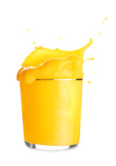 Fototapeta na wymiar Glass of orange fruit with splashes on white background