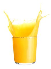Naklejka na ściany i meble Glass of orange fruit with splashes on white background