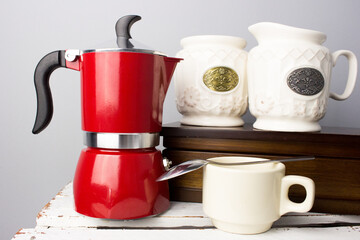 Traditional Italian moka coffee pot. Professional fresh coffee brewing in coffee maker